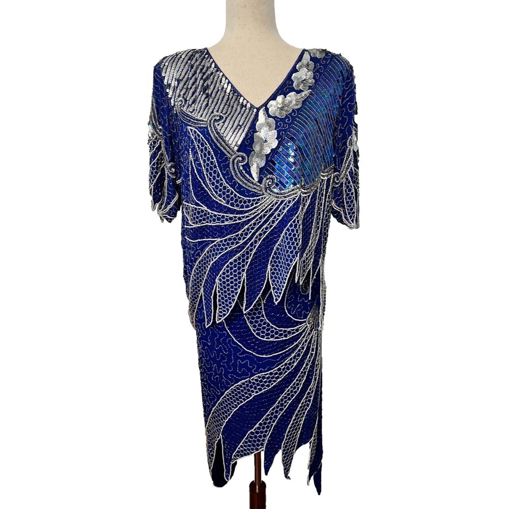 Vtg Maharaj Cotton Candy Sequined Formal Silk Dress 2pc Set Womens S Blue Silver